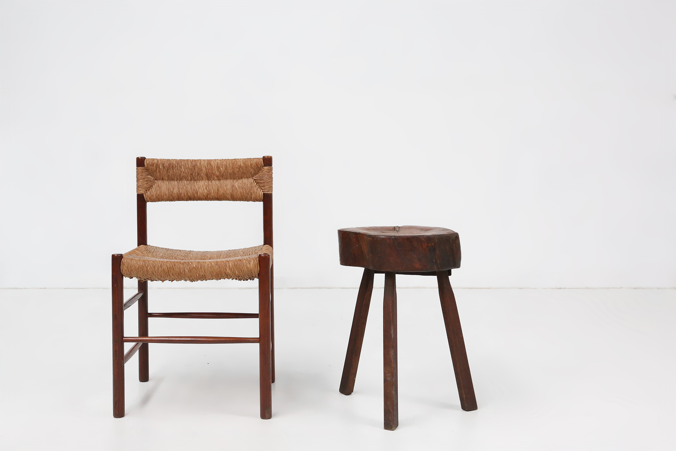 Rustic wooden tripod stool with tree trunk seat, France ca. 1900thumbnail